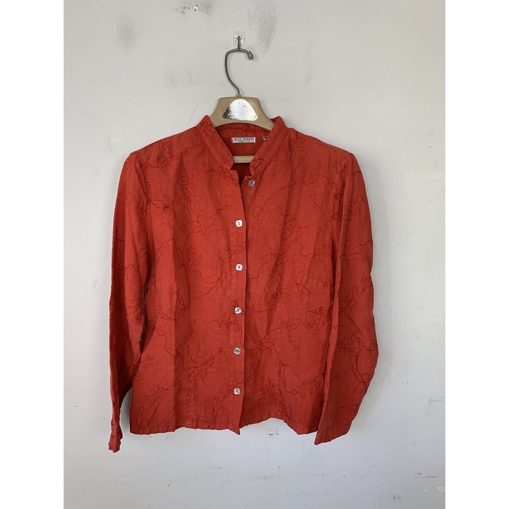 Russ Berens Womens Shirt Medium Orange 100% Linen Button Up Lagenlook USA Boho